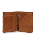 Inside view of the Taylor wallet in tan, featuring card slots, a zip compartment, and a passport pocket.