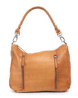 Poppy Bag in tan leather with two front zips and a stylish shoulder strap, perfect for everyday essentials.