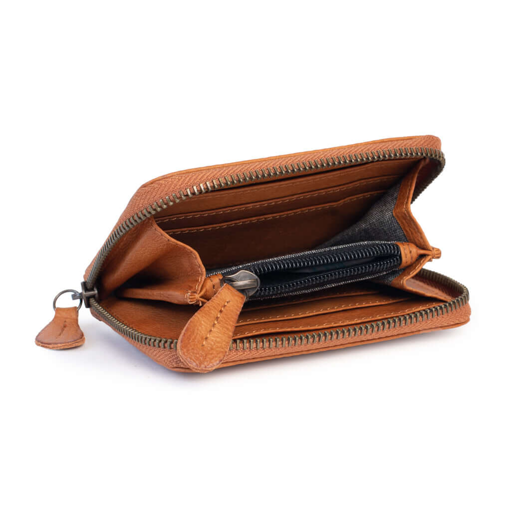Drew Wallet in tan leather, featuring zip closure and card slots for stylish everyday carry.