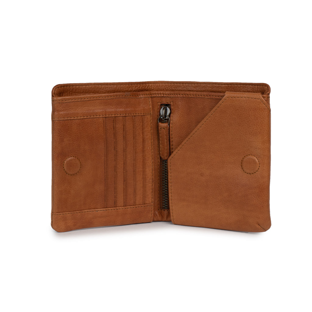 Inside view of the Taylor wallet in tan, featuring card slots, a zip compartment, and a passport pocket.