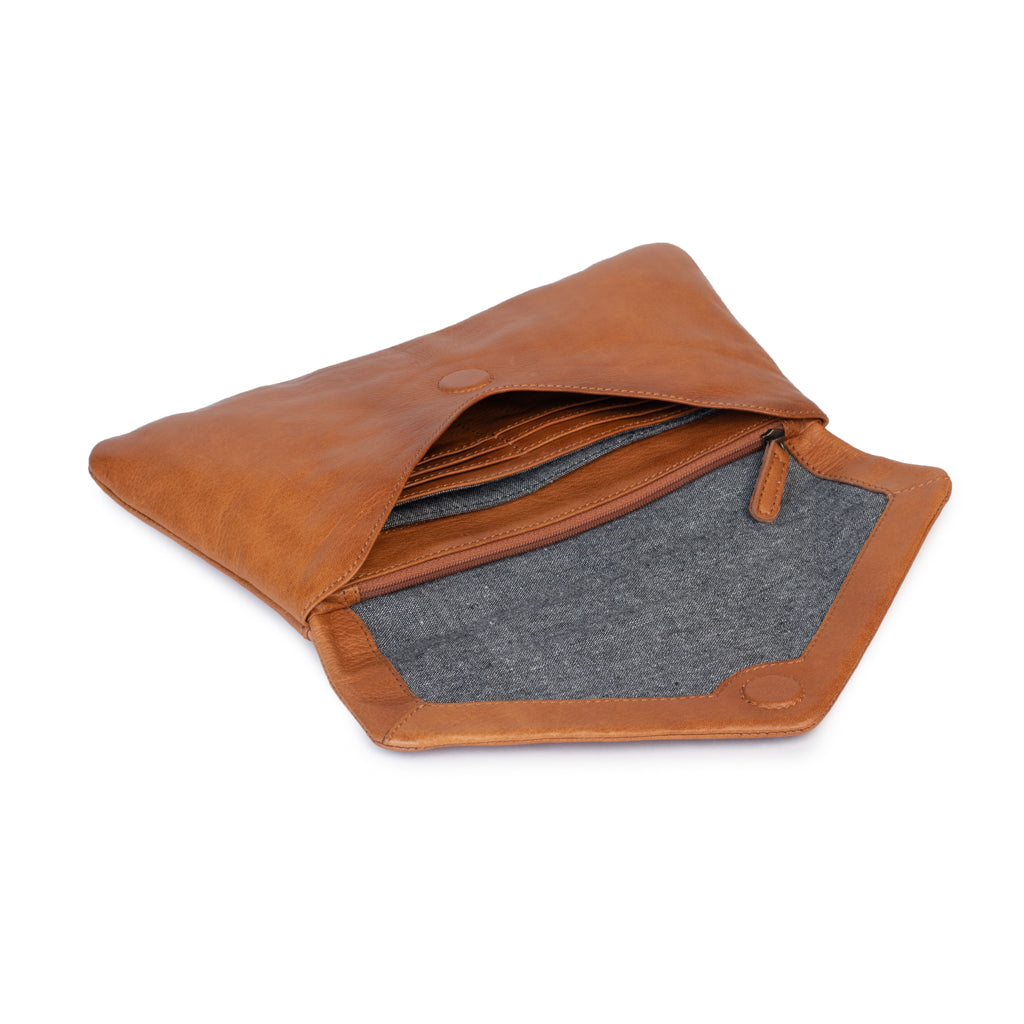 Stylish brown leather purse open, showcasing card slots, internal pocket, and soft gray lining.