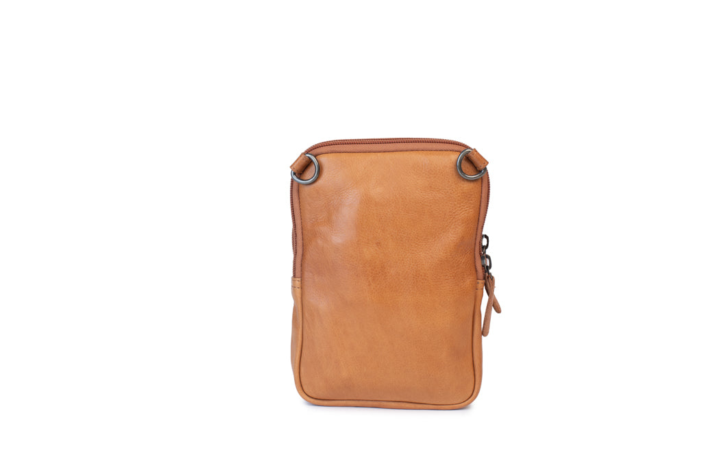 Sophie Bag: Tan leather purse with adjustable strap and zip closure, perfect for stylish outings.