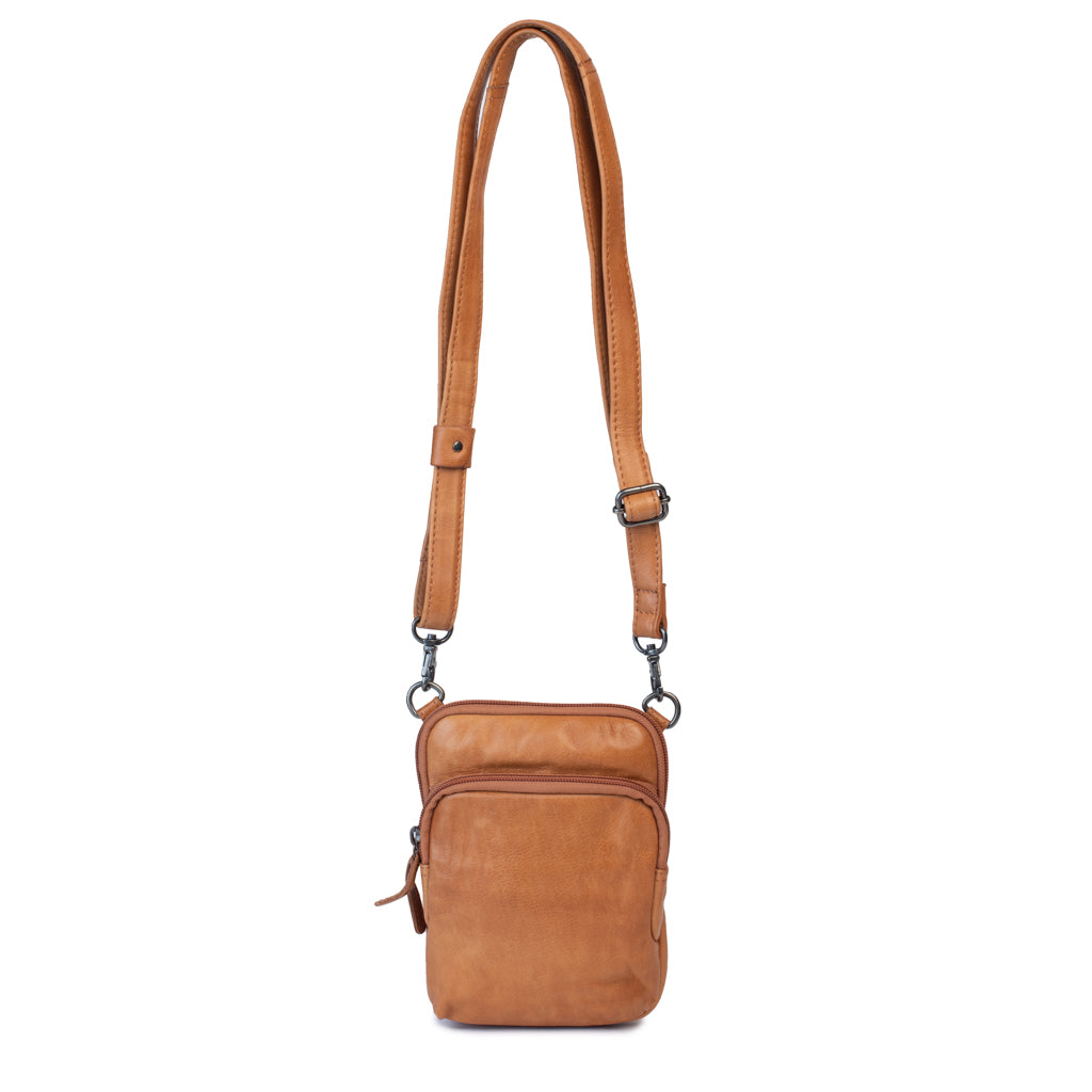Sophie Bag: stylish leather purse with adjustable strap, two zippered pockets, lightweight and minimalist design.