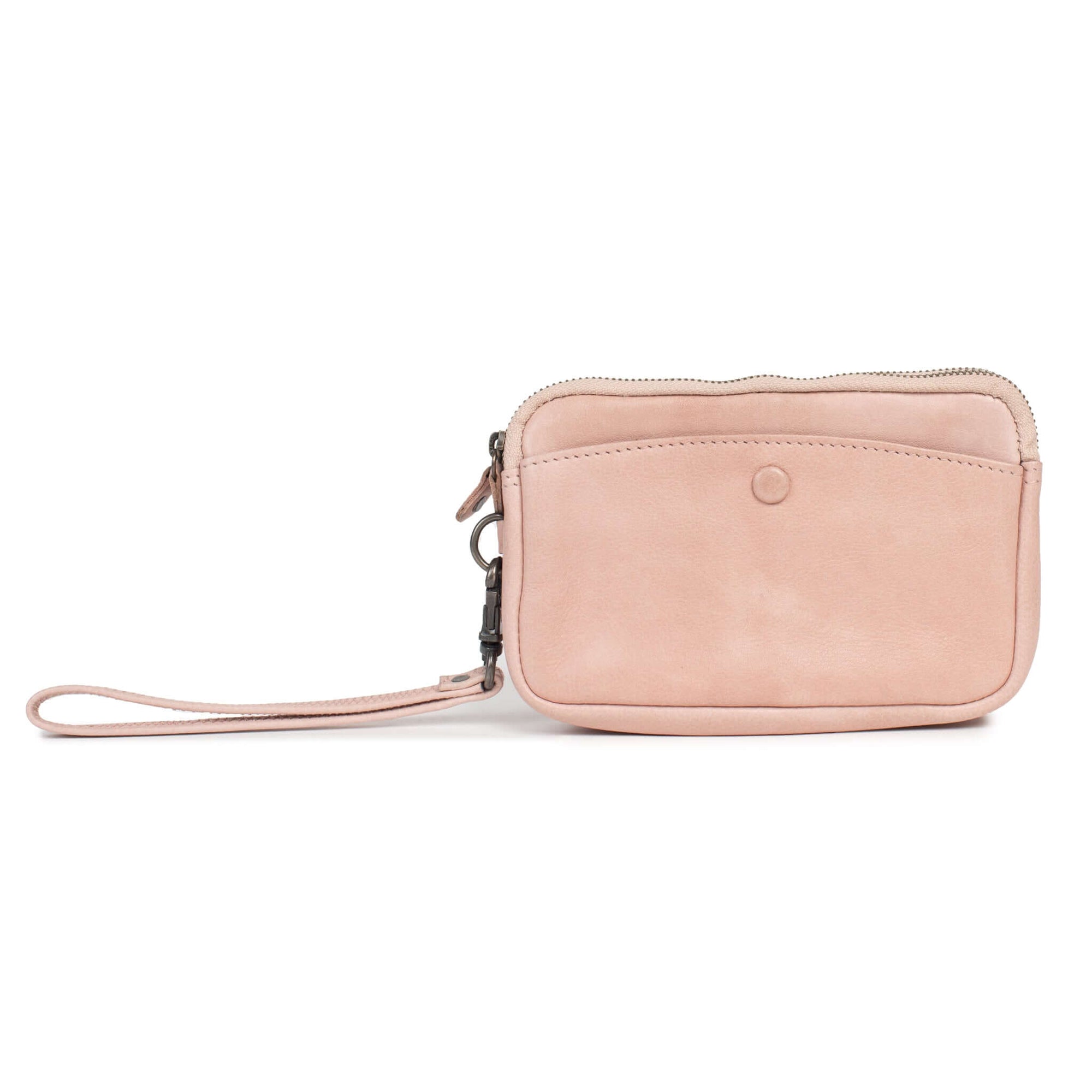 Small pink leather purse with detachable wrist strap and zip-close section for organization.
