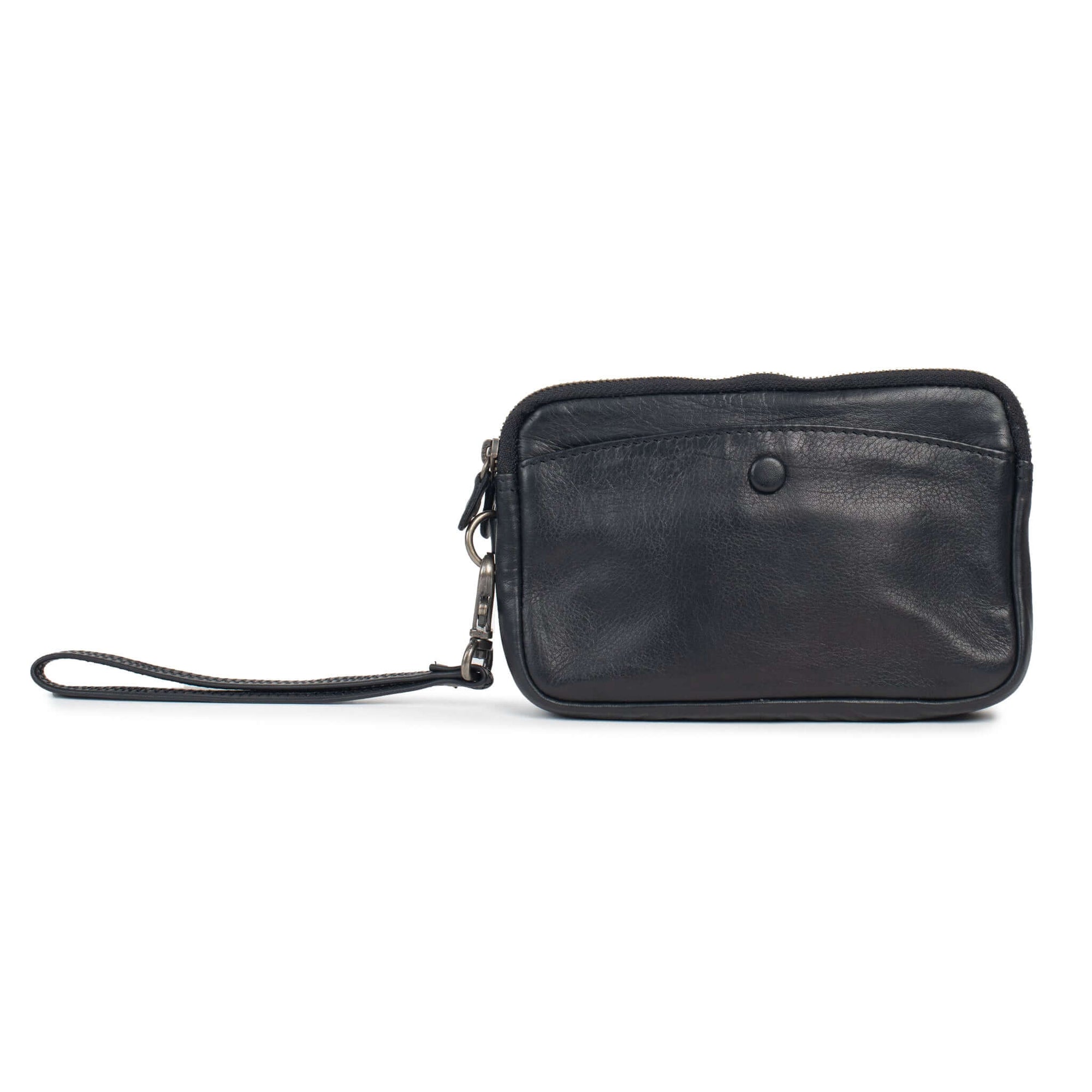Compact leather purse with detachable wrist strap and zip closure, perfect for organization and essential access.