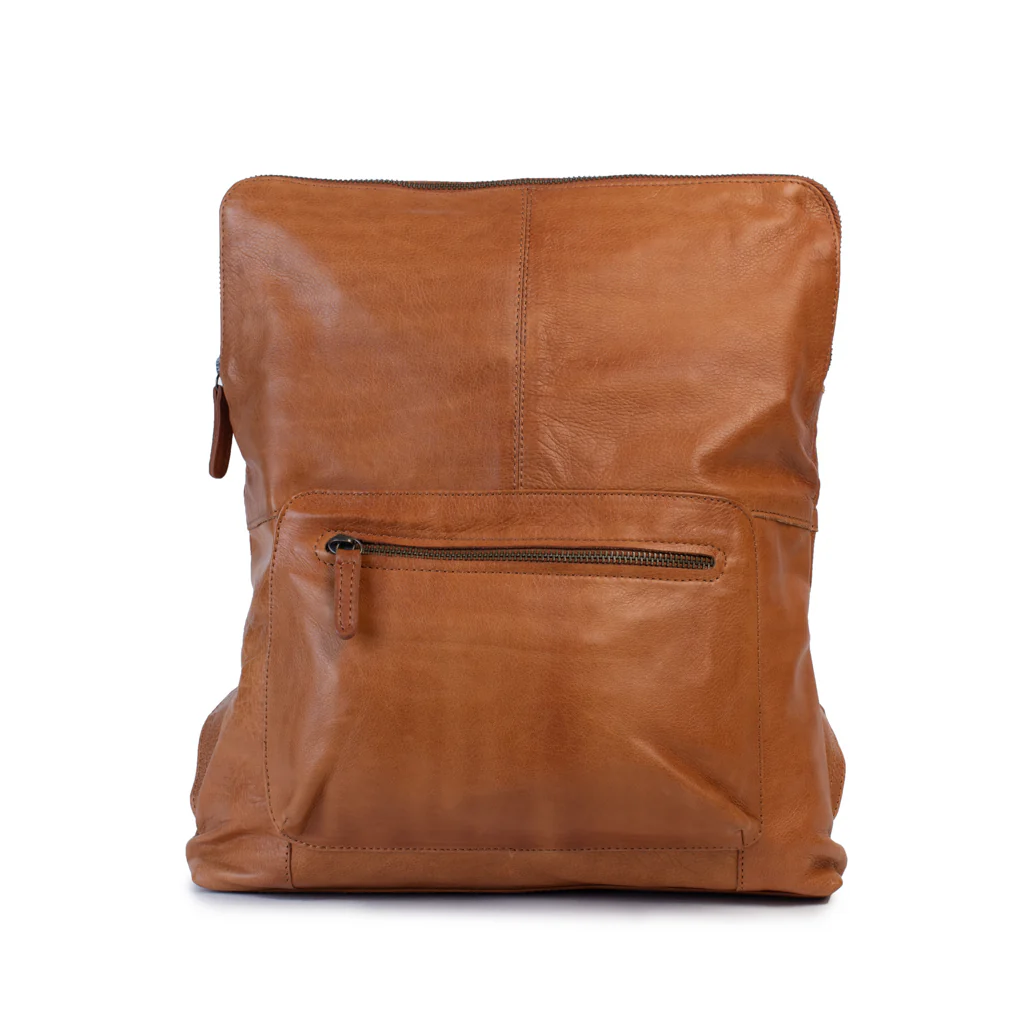 Brooklyn Backpack in tan leather, featuring a minimalist design and front zip pocket for essentials.