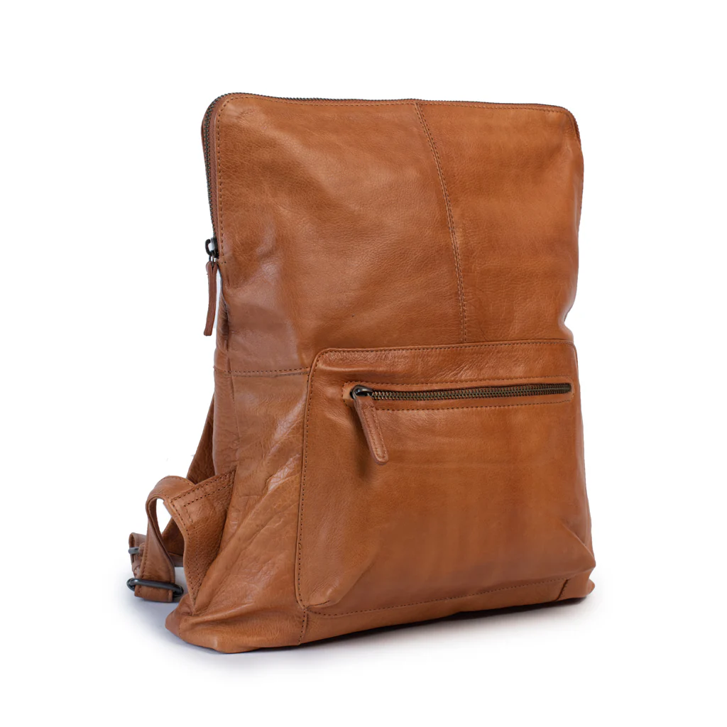 Brooklyn Backpack featuring a minimalist design in tan leather, equipped with adjustable straps and a front zip pocket.