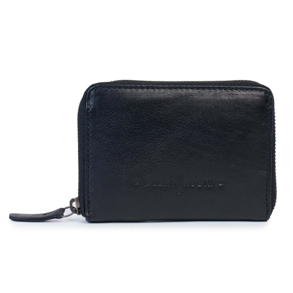 Drew Wallet in black leather, compact design with zip around closure and card slots, perfect leather purse for daily use.