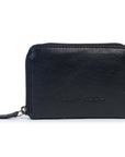 Drew Wallet in black leather, compact design with zip around closure and card slots, perfect leather purse for daily use.