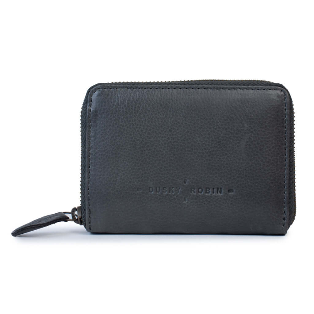 Drew Wallet in black leather featuring zip closure, card slots, and internal coin pocket for stylish everyday carry.