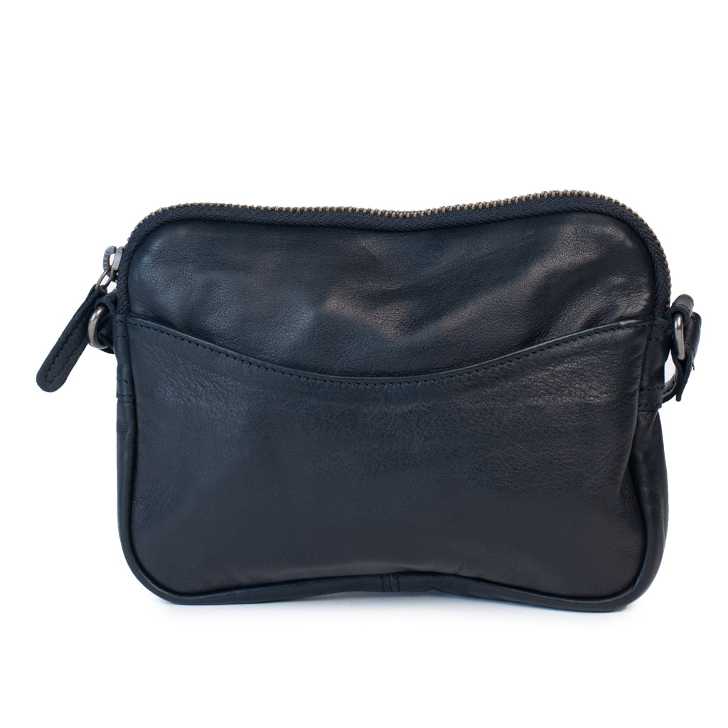 Black leather purse with a slim design and external pocket for easy access.