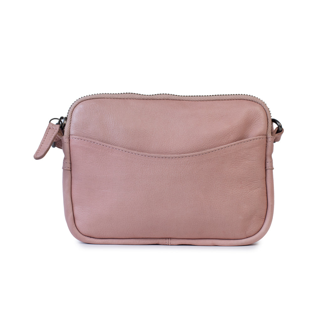 Emma Bag - lightweight leather purse in soft pink with external pocket for phone and slimline design.