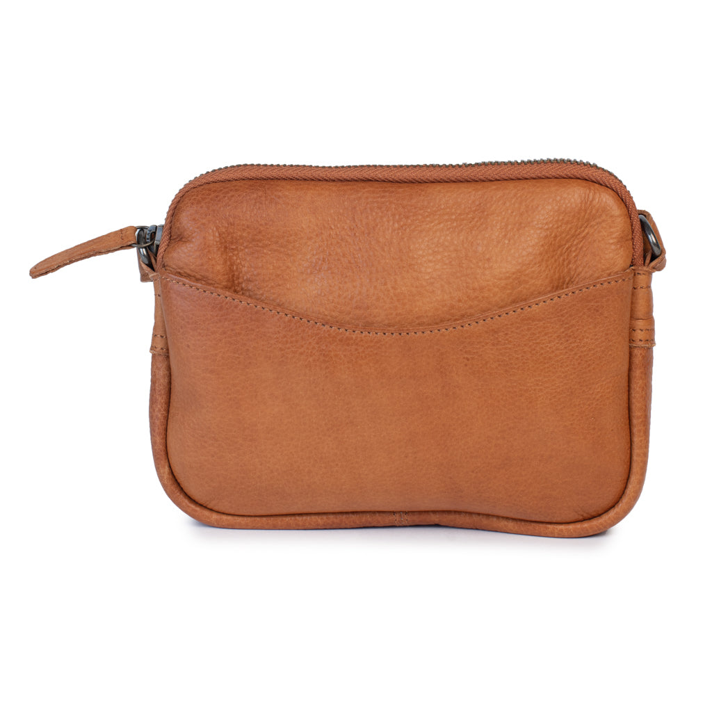 Emma Bag in tan leather featuring a sleek design, easy-access pocket, and convenient zip closure.