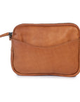 Emma Bag in tan leather featuring a sleek design, easy-access pocket, and convenient zip closure.