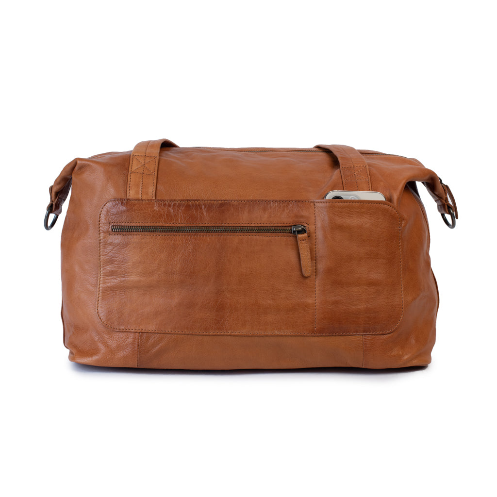 Hannah Overnight Bag in tan leather with an external zip pocket for phone and essentials, stylish and spacious.