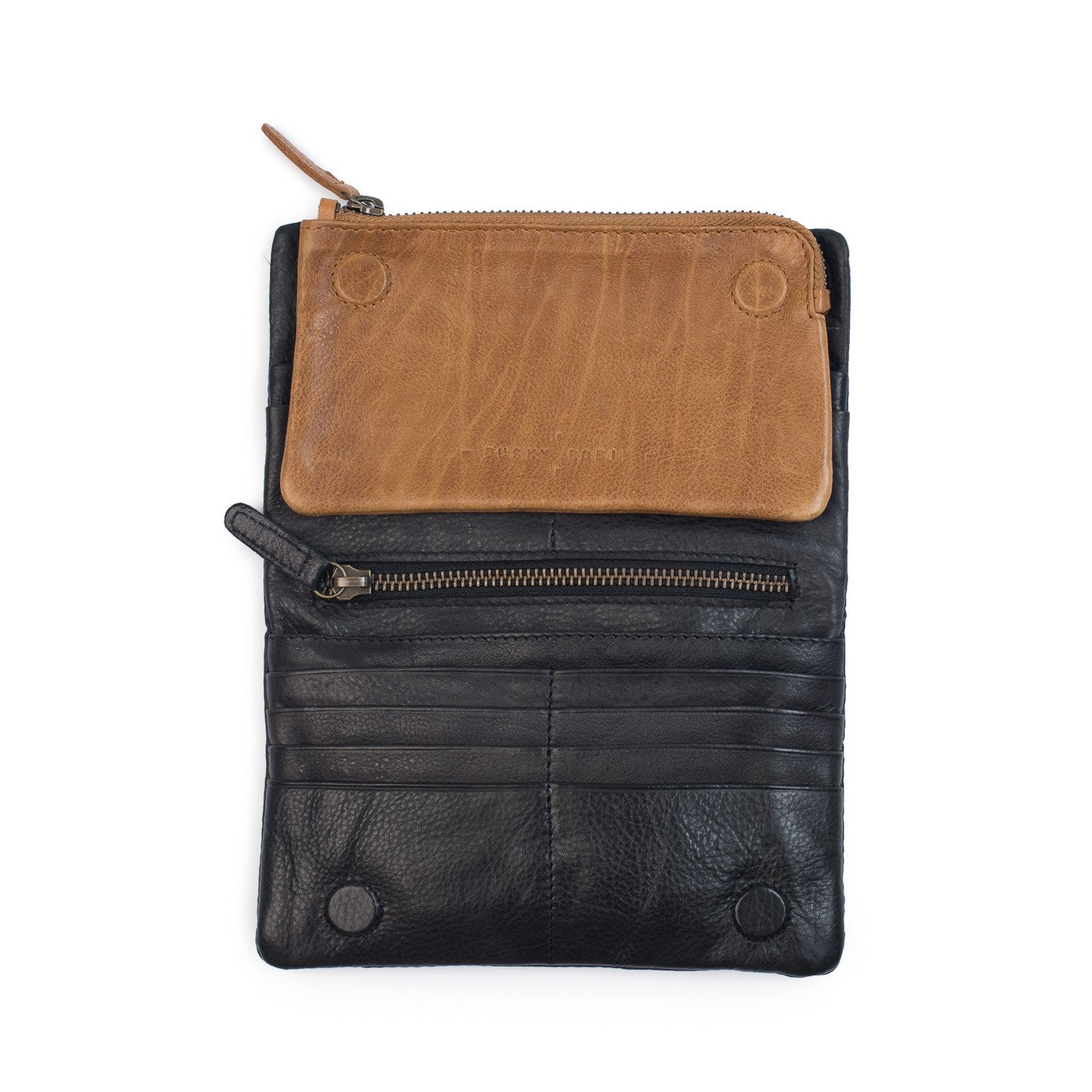 Jane leather purse with removable magnetic insert, featuring black leather, card slots, and a zippered compartment.