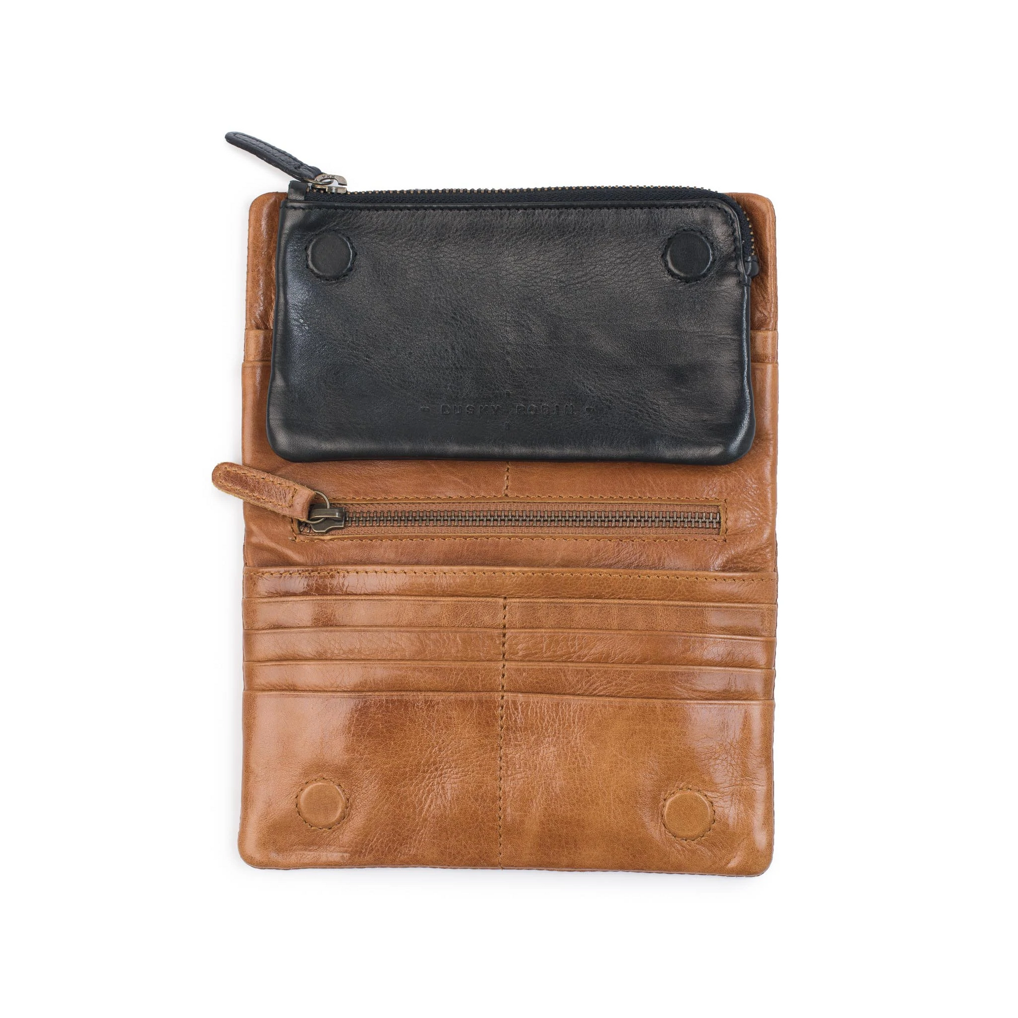 Jane leather purse with removable black insert, featuring card slots and zip sections, in soft brown leather.