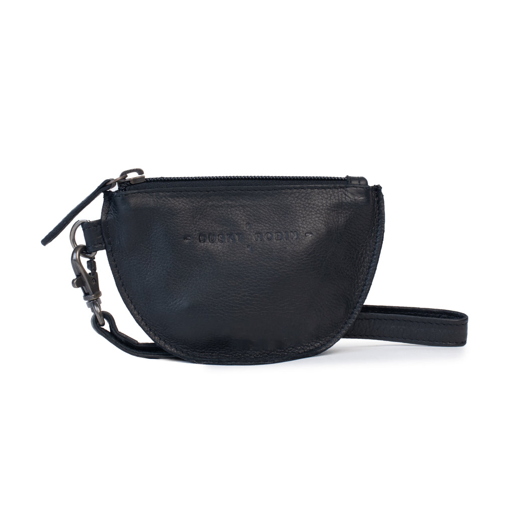 Black leather purse with a removable wrist strap and zip closure for coins and essentials.