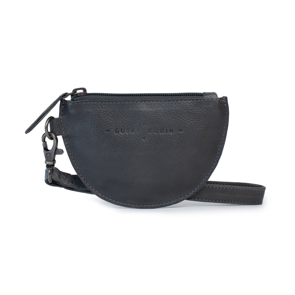 Black leather Pixie purse with zip closure and removable wrist strap for coins and cards.