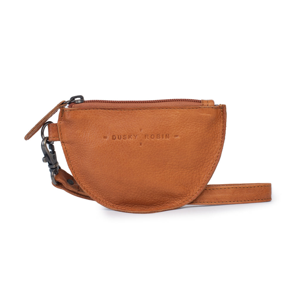 Durable leather coin purse in tan with zip closure and removable wrist strap for essentials.