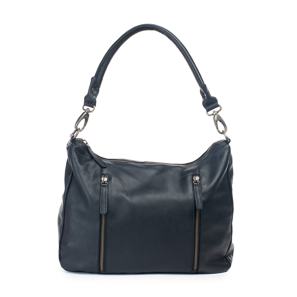 Poppy Bag, a stylish over-the-shoulder bag in dark grey, featuring dual front zips and adjustable straps.