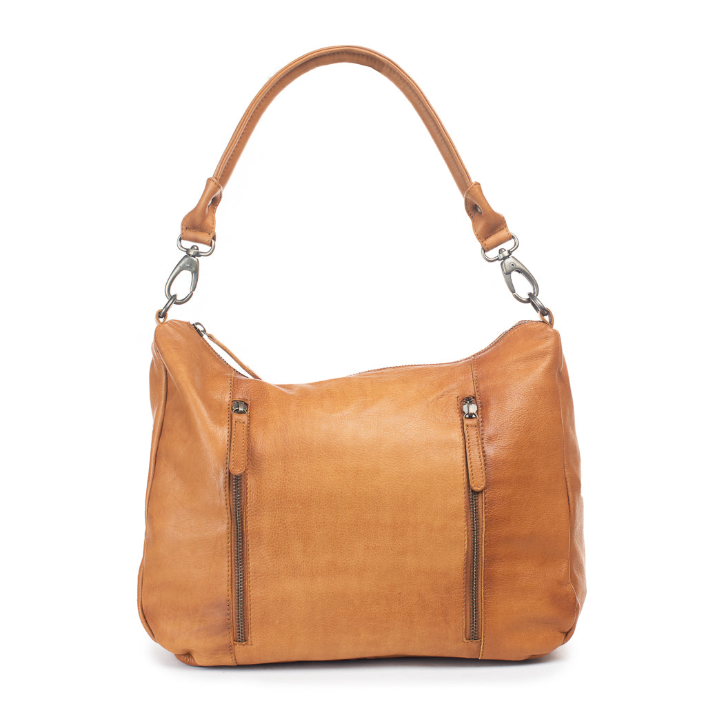 Poppy Bag in tan leather with two front zips and a stylish shoulder strap, perfect for everyday essentials.
