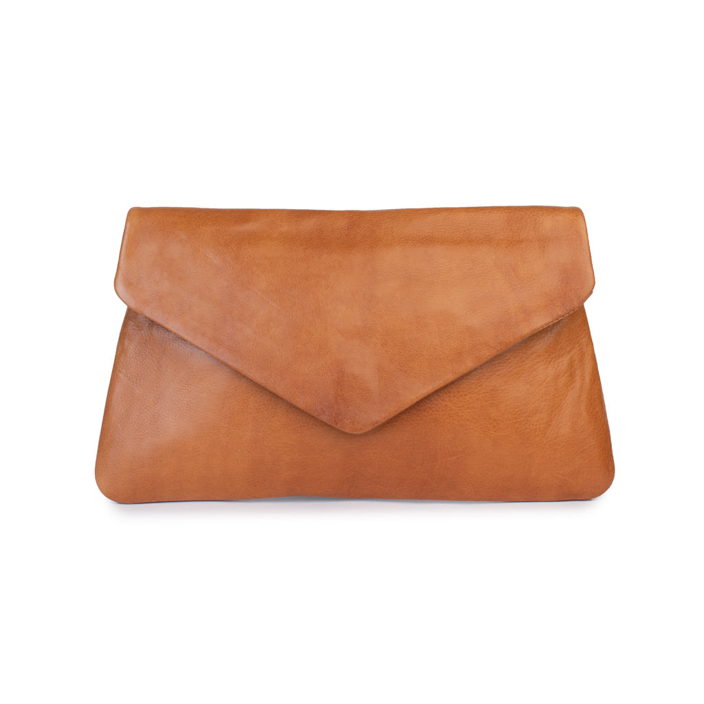 Riley Clutch leather purse in tan, lightweight design with stylish envelope flap for night out adventures.