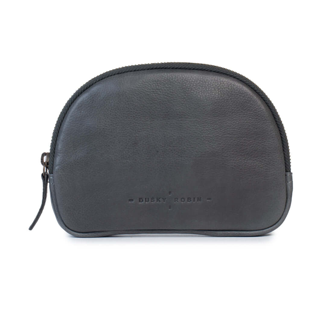 Dusky Robin leather purse, sleek zip closure, lightweight design for organizing small goods, in stylish charcoal color.