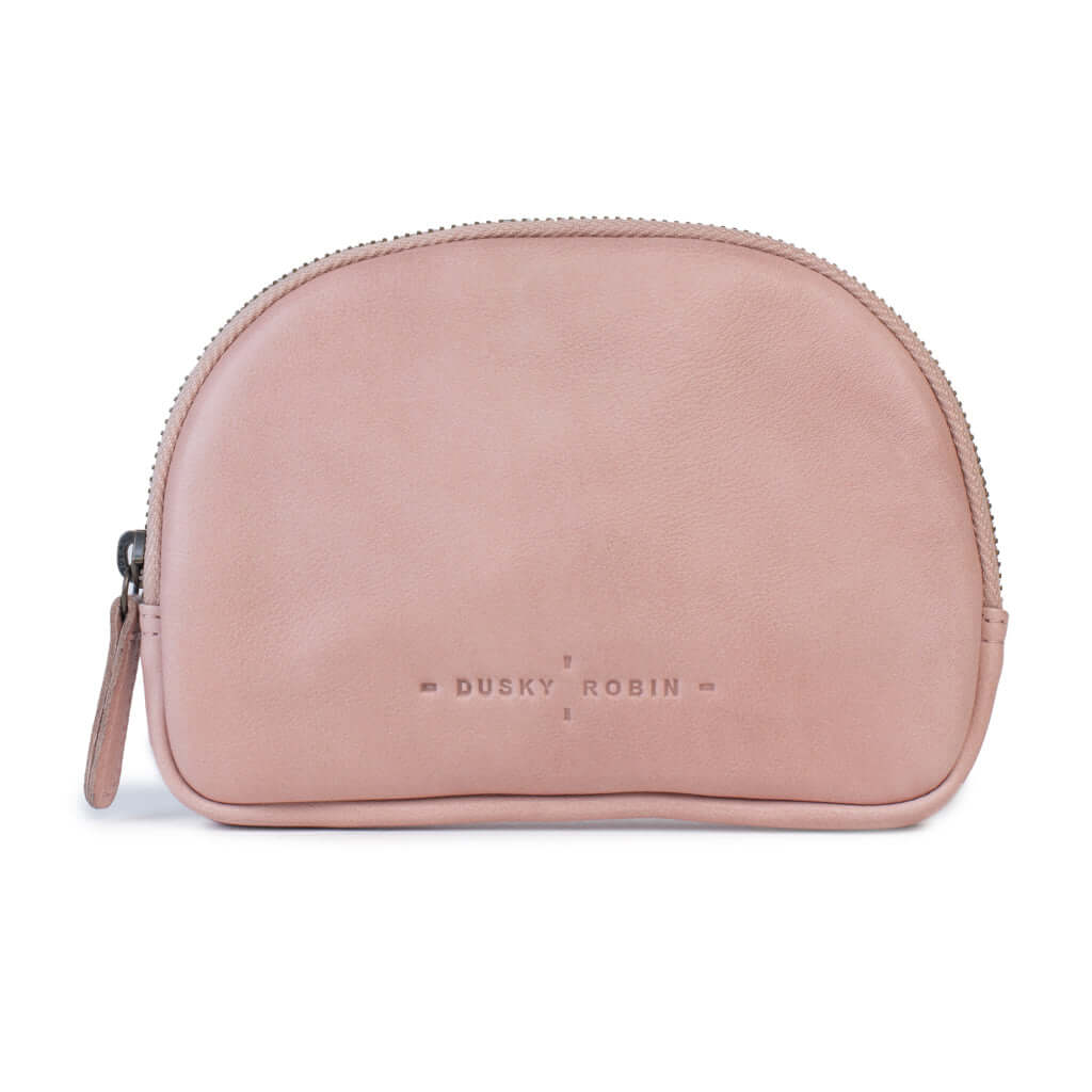 Romi leather purse in dusky pink, zip closure, lightweight, perfect for organizing small goods.
