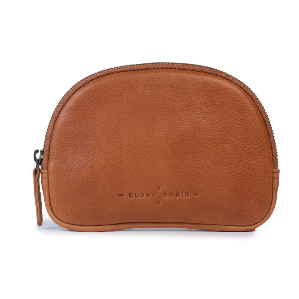 Romi leather purse in tan with zip closure, perfect for organizing small goods and emergency items.