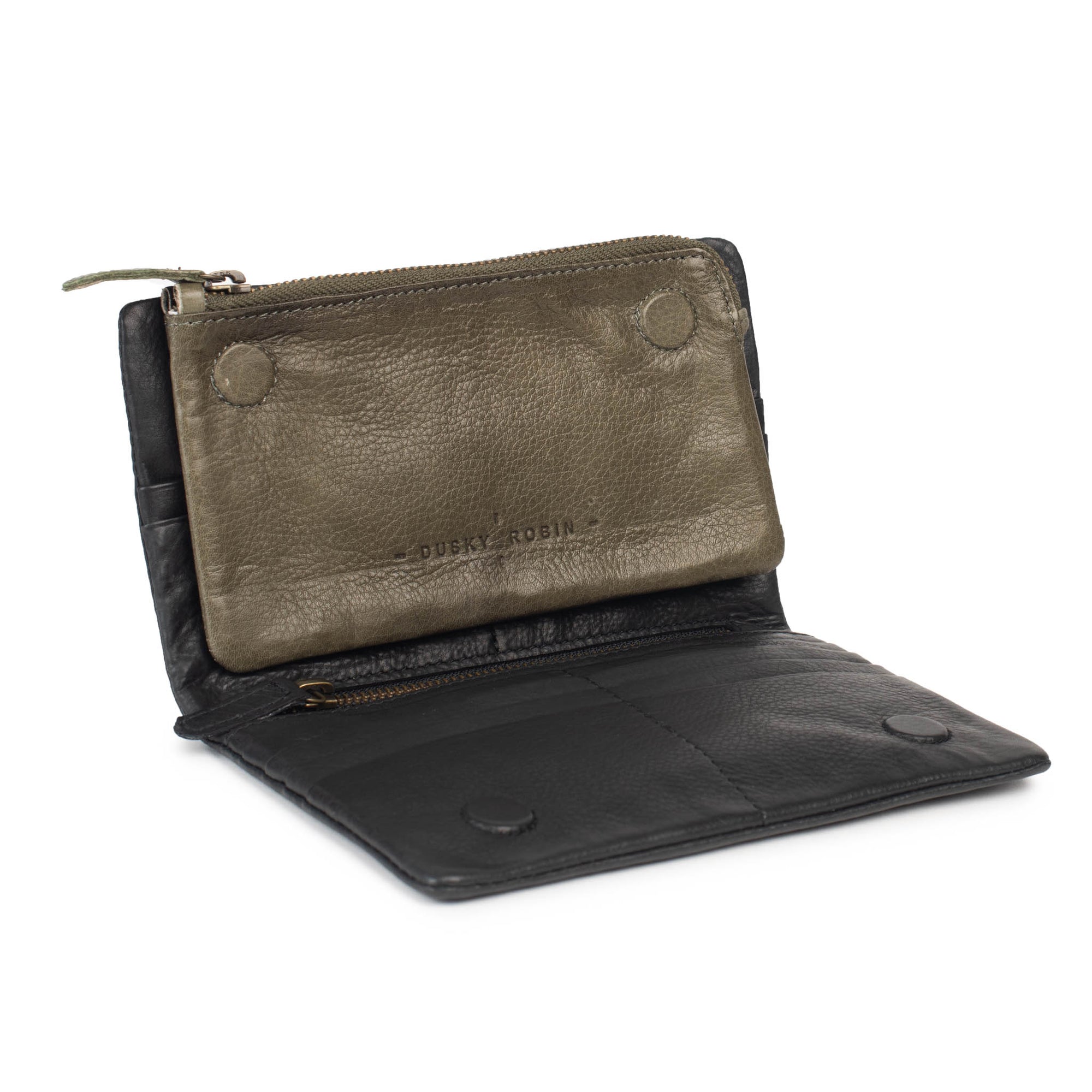 Open leather purse with dark grey and olive green colors, featuring card slots and removable insert.