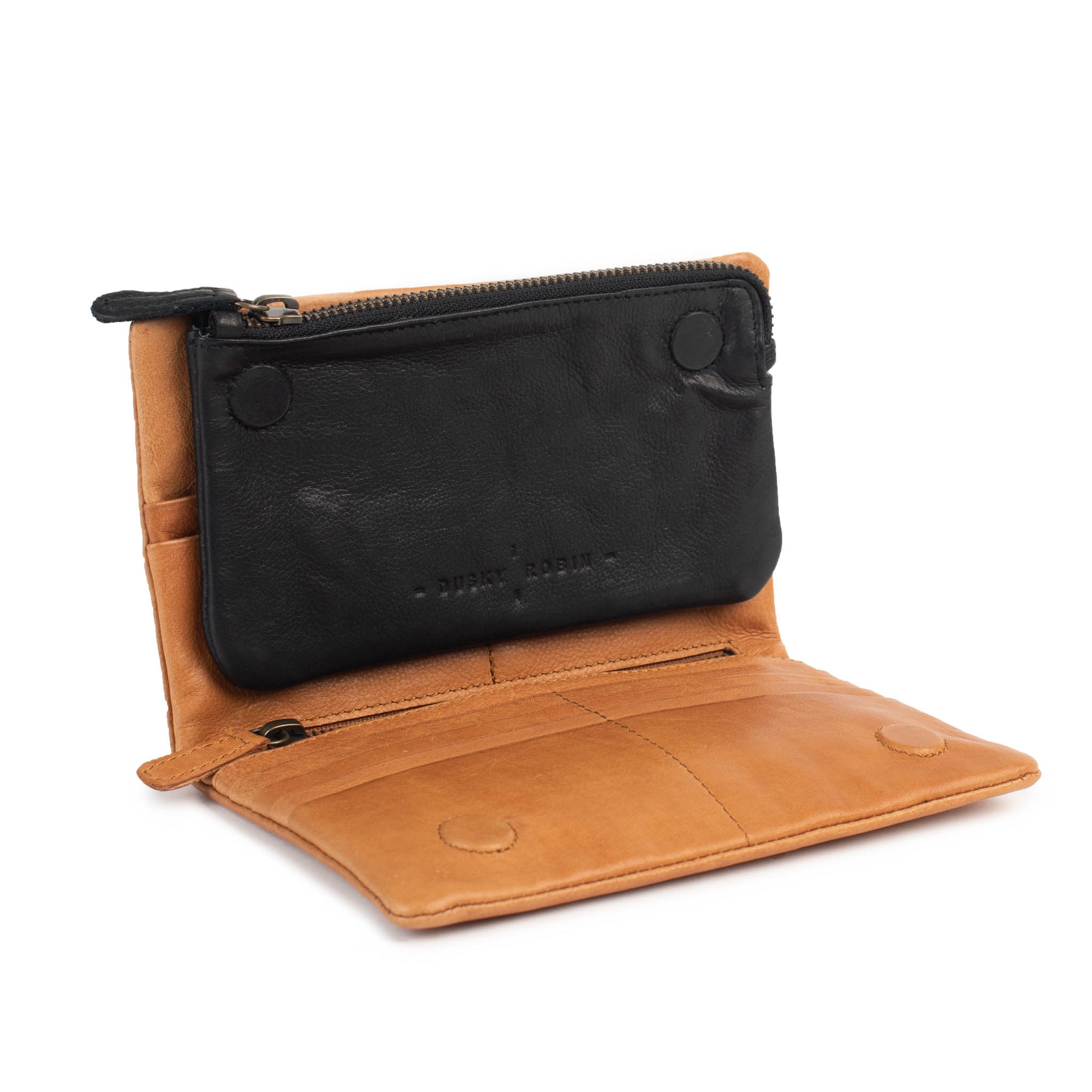 Jane leather purse with removable magnetic insert and multiple card slots, showcasing dark grey chambray lining.