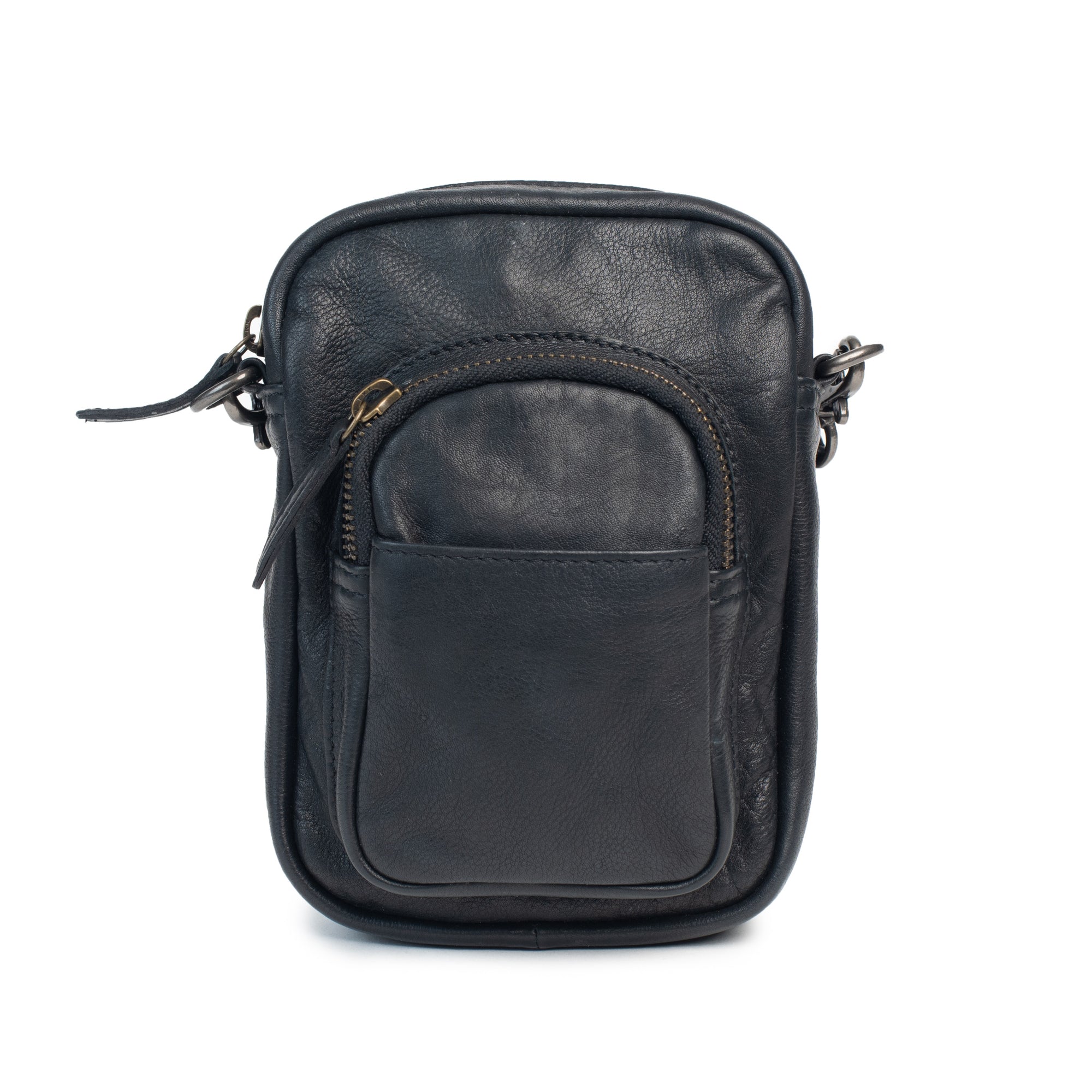 Mini camera bag in dark leather with zip closure and front pocket, featuring an adjustable strap for easy carrying.
