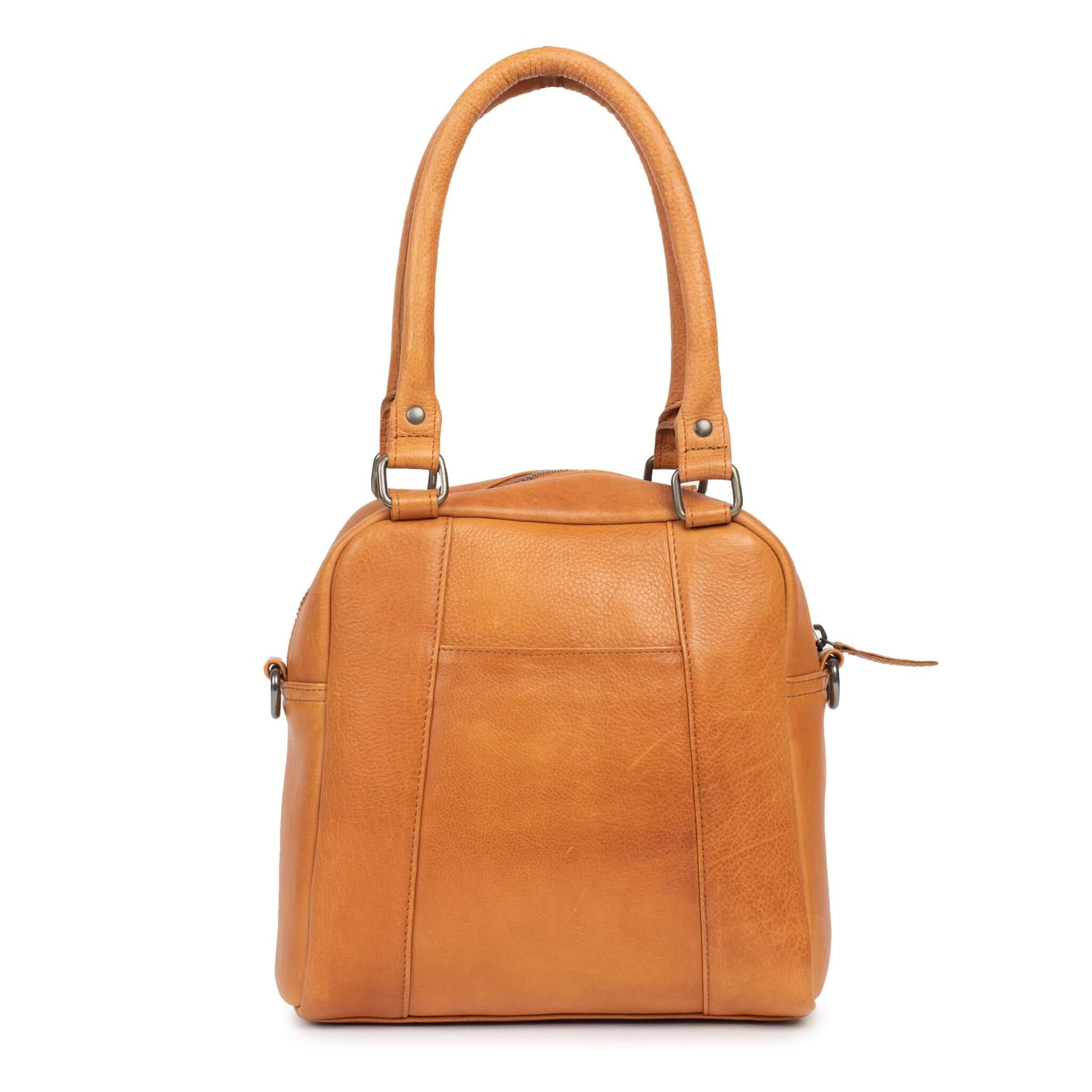 Suki leather purse by Dusky Robin with structured design and rolled handles in tan color.