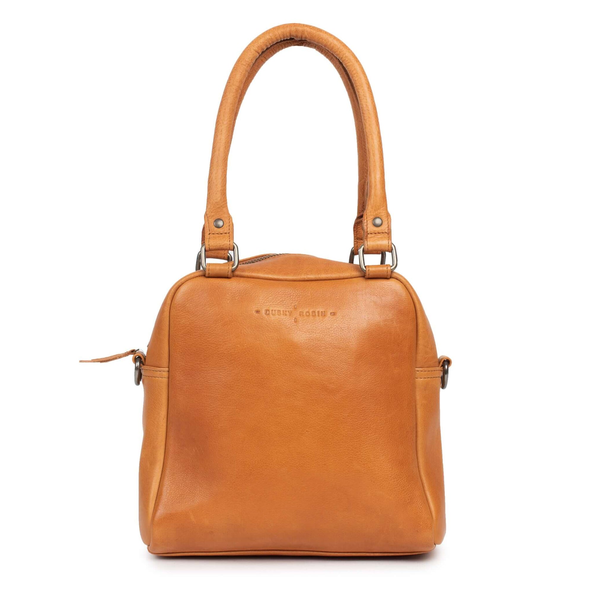 Suki leather purse by Dusky Robin Leather, featuring structured design and rolled handles, perfect for any occasion.